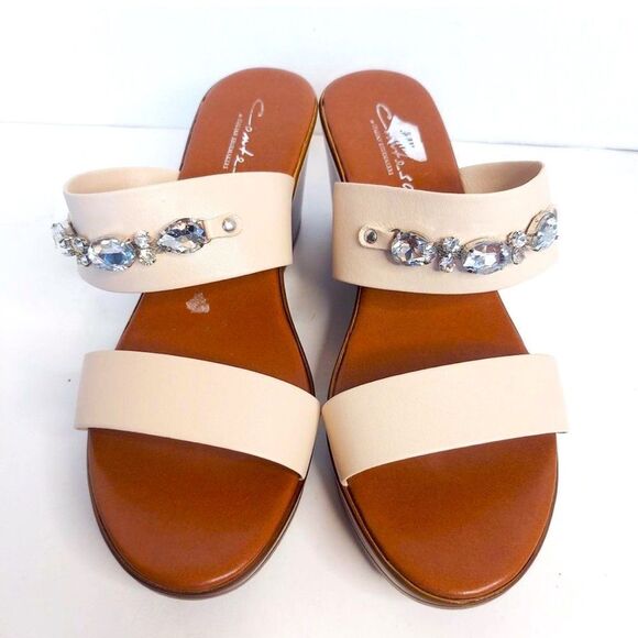 CONTESSA by ITALIAN SHOEMAKERS Ivory Bling Embellished Wedge Sandals Leather - Picture 1 of 6